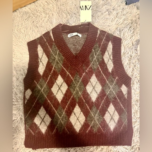 Zara Sweaters - Zara Burgundy, Cream & Olive Argyle V-Neck Sweater Vest